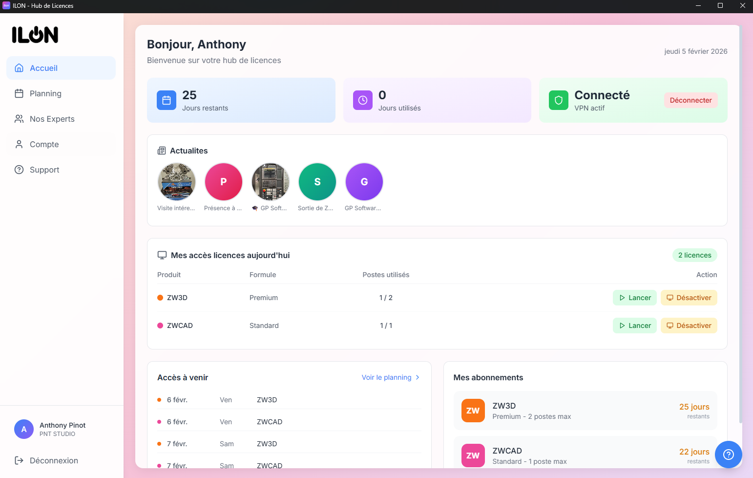 Tableau de bord ILON - Suivi des licences ZWCAD et ZW3D en temps réel