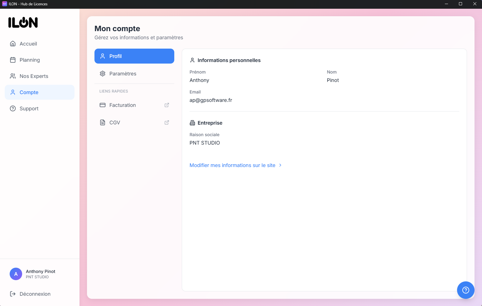Gestion du compte utilisateur - Paramètres et abonnements ILON